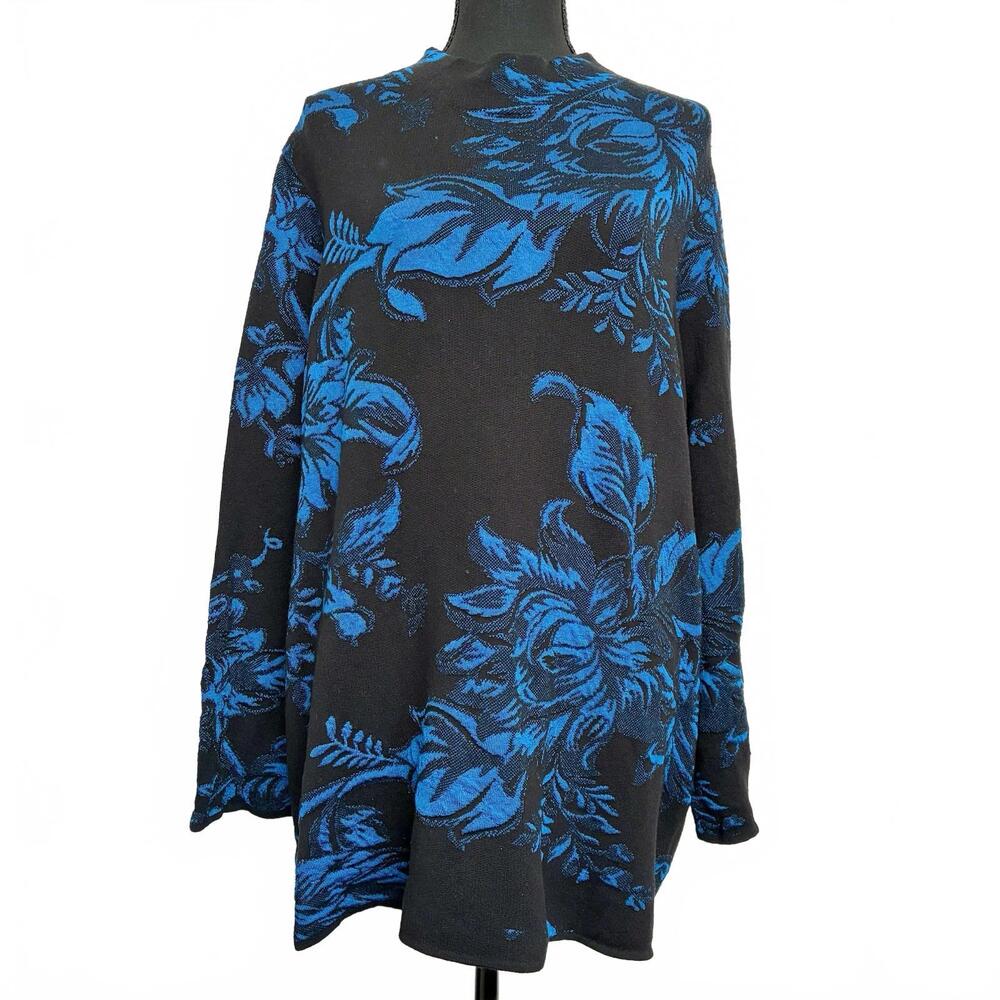 Chico’s 3 XL Floral Jacquard Sweater Tunic Black Blue Mock Neck Zip Back Boho